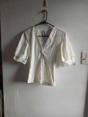Derek Lam Ivory V-Neck Puff Sleeve Top